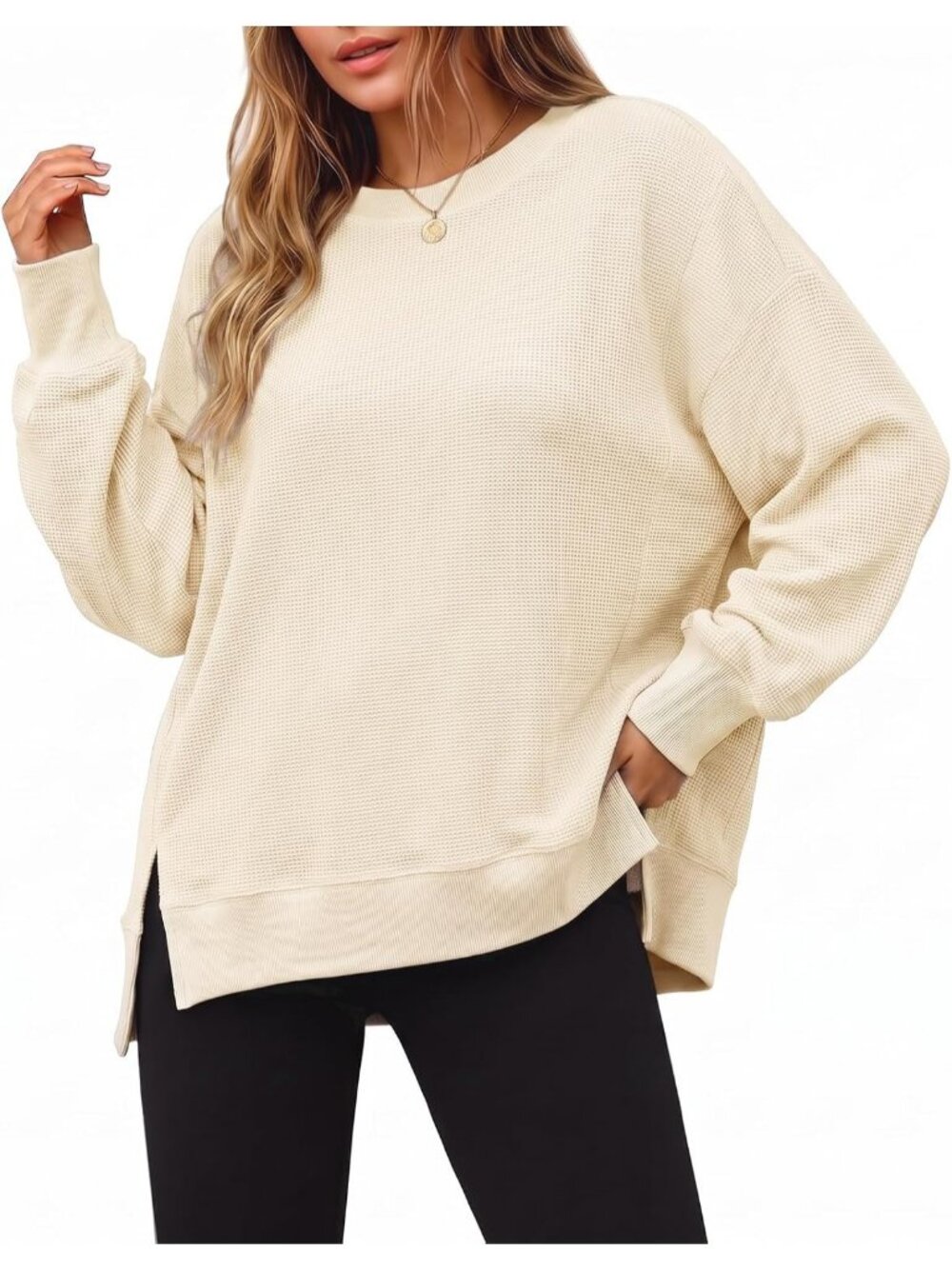 Women's Beige Fall Oversized Sweatshirt Casual Waffle Knit Long Tunic Tops